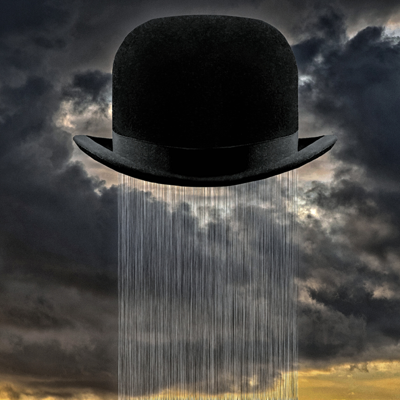 Creative image of black clouds and bowler hat with rain coming from the inside