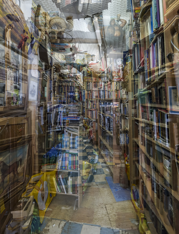 Multiple exposure/overlay of okks on a trolley and shelves