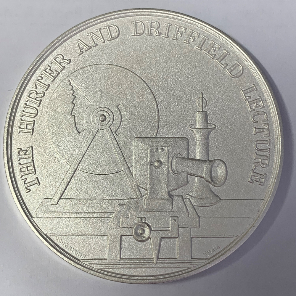 A silver medal with 'The Hurter and Driffield Medal' around the top. 