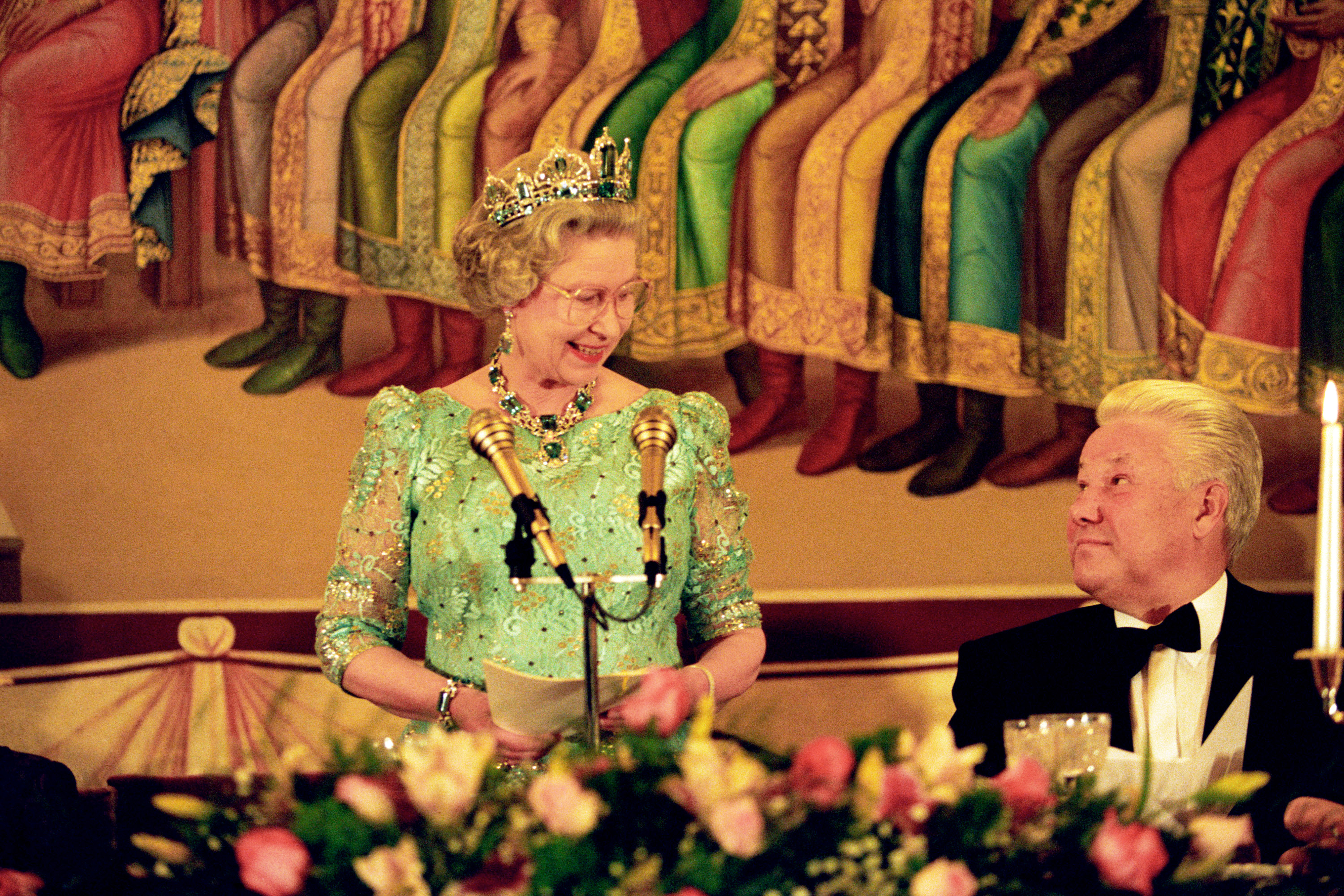 1994: Queen Elizabeth II and Russian President Boris Yeltsin exchange a smile as  the Queen makes a speech during a state banquet held in her honour at the  Kremlin's Faceted Hall, during her State visit to Russia. 