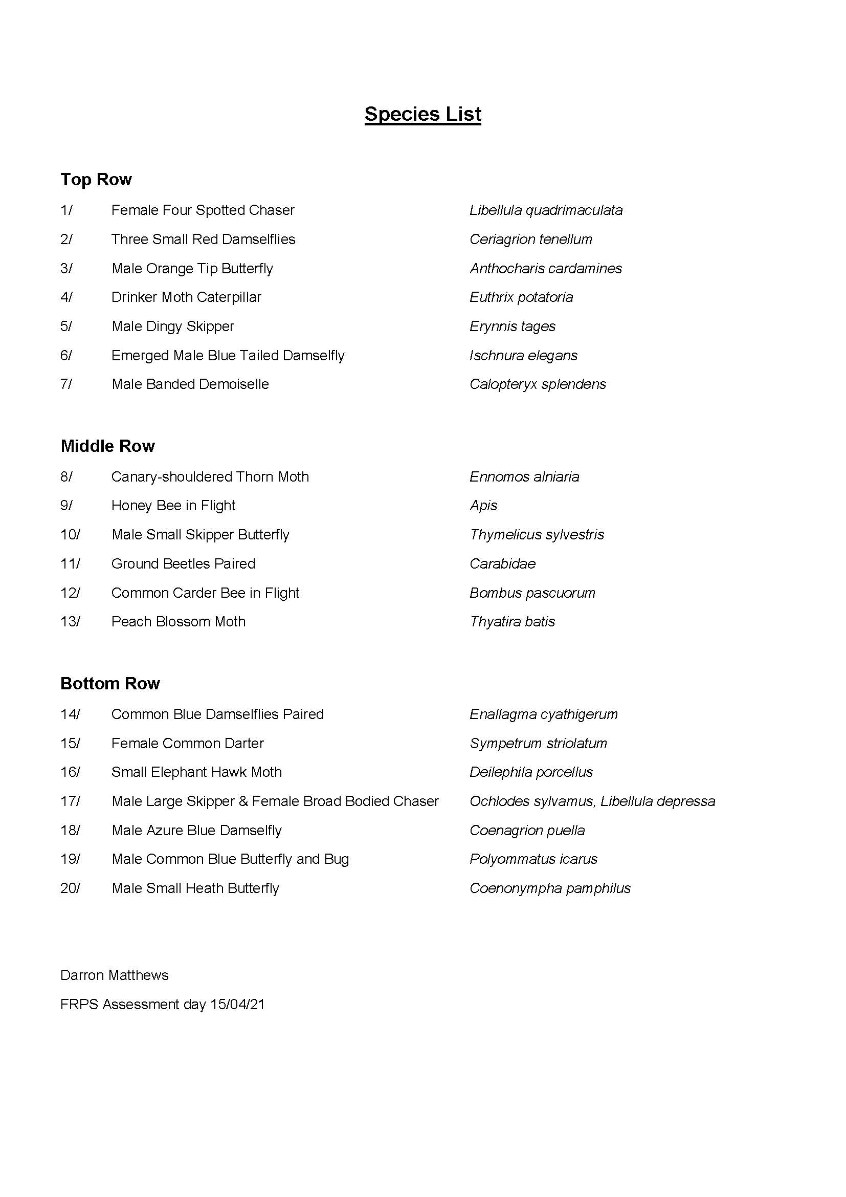 D. Matthews Species List