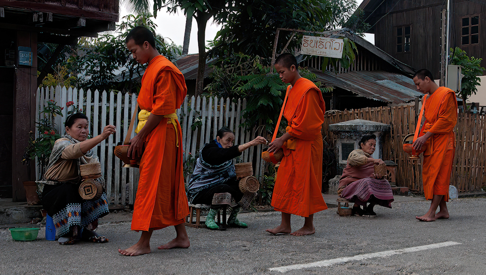 Giving Alms, Laos by Liz Bugg