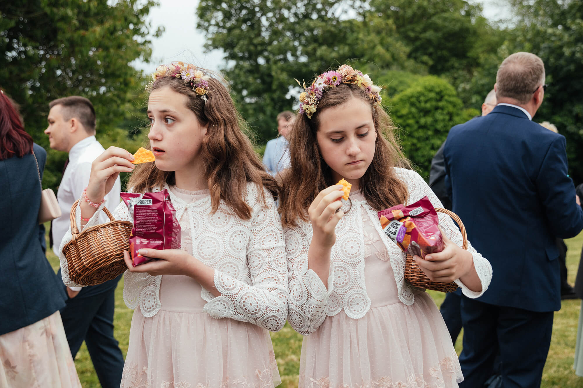 3 Champagne Taittinger Wedding Food Photographer Emma Stoner Twin Bridesmaids Enjoy Canapes Devon UK Hi Res