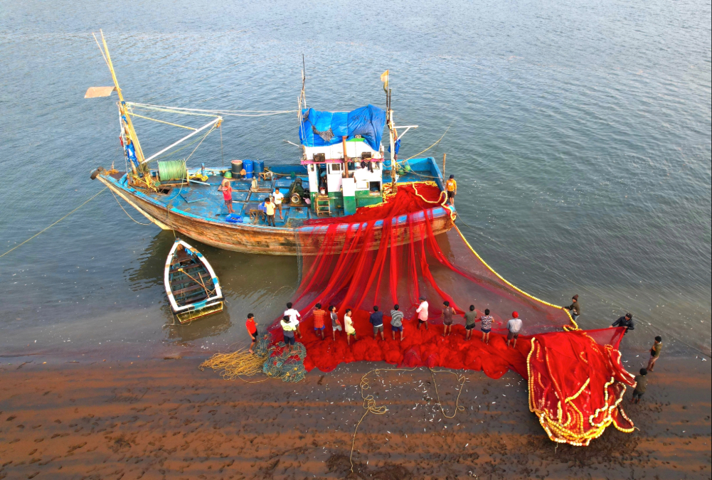 Cleaning And Drying Fishing Nets On Cinnamon Beach India by Pete Etheridge