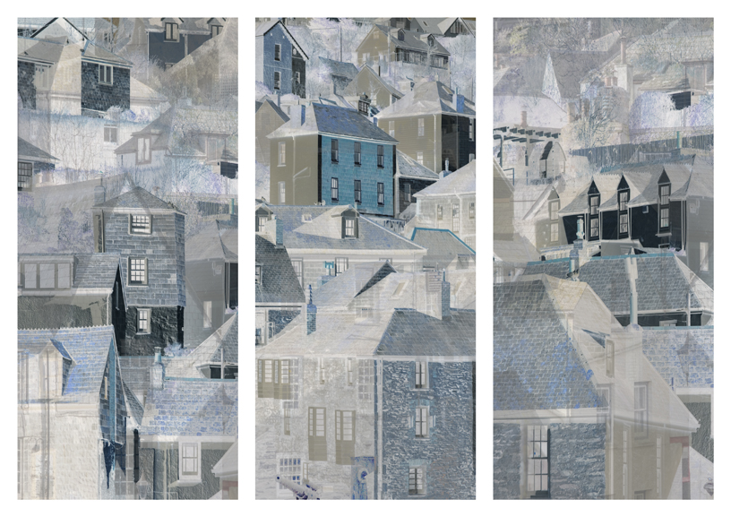 Triptych of stched houses with a grpahical treatment